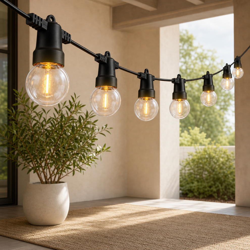 Black-cord globe string lights hung across a covered patio, angled front view with warm bulbs glowing.