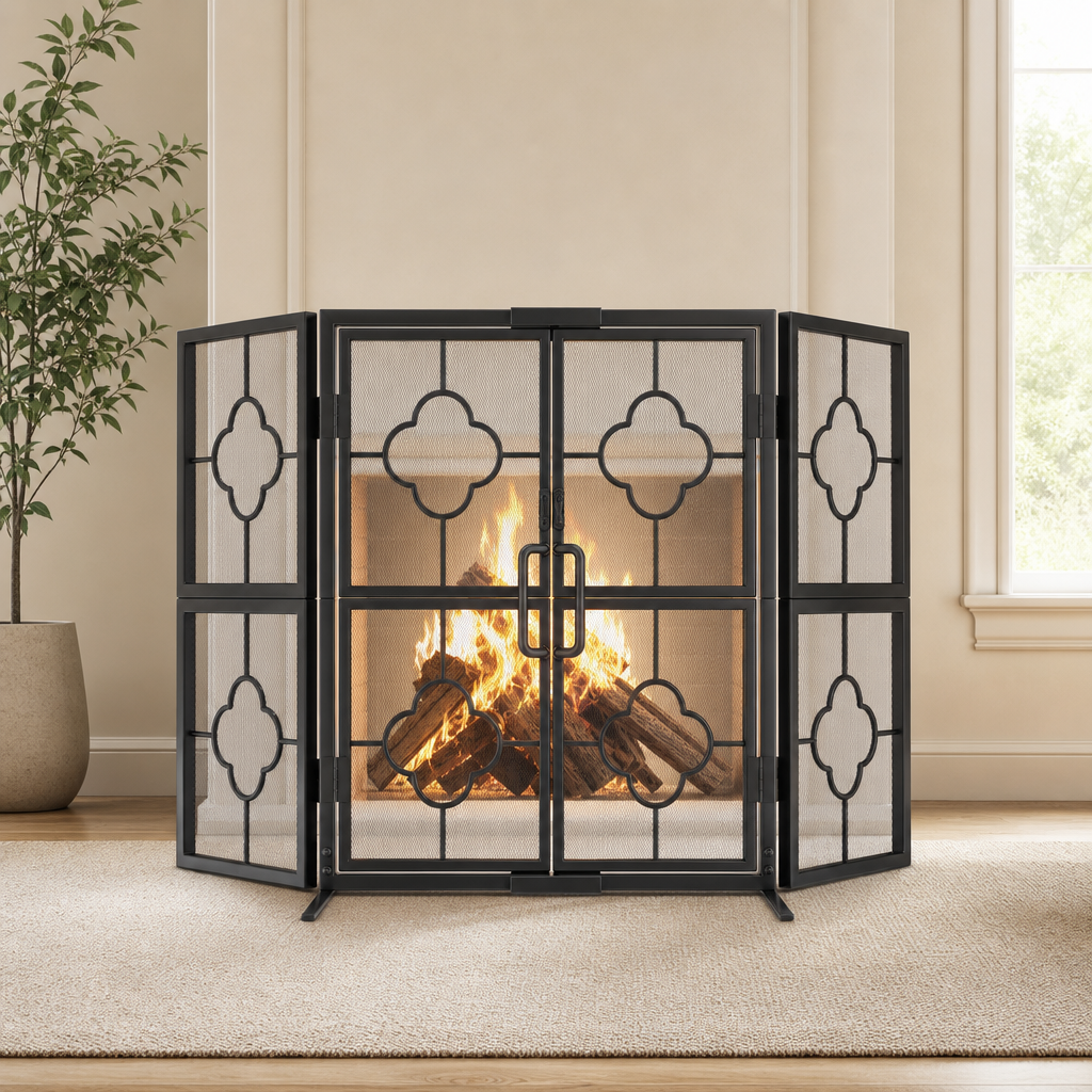 Amagabeli Foldable Floral Wrought Iron Fireplace Screen with Doors centered in a warm neutral furnished room