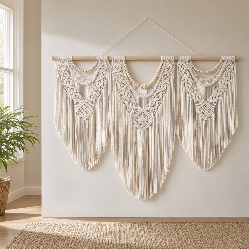 Ivory macrame wall hanging with wooden beads shown on a wall above a woven rug