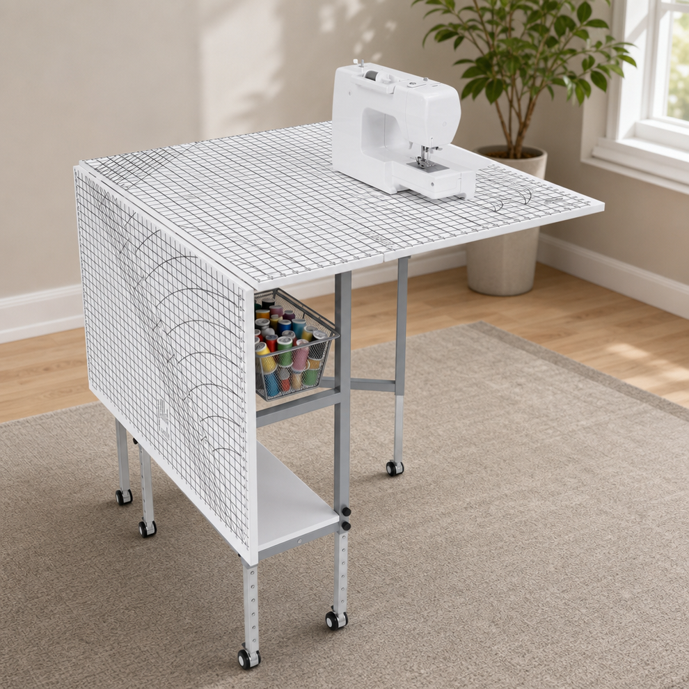 Crafting Table with Grid Top, Mesh Drawers & Lower Shelf — Adjustable and Fixed He centered in a warm neutral furnished room