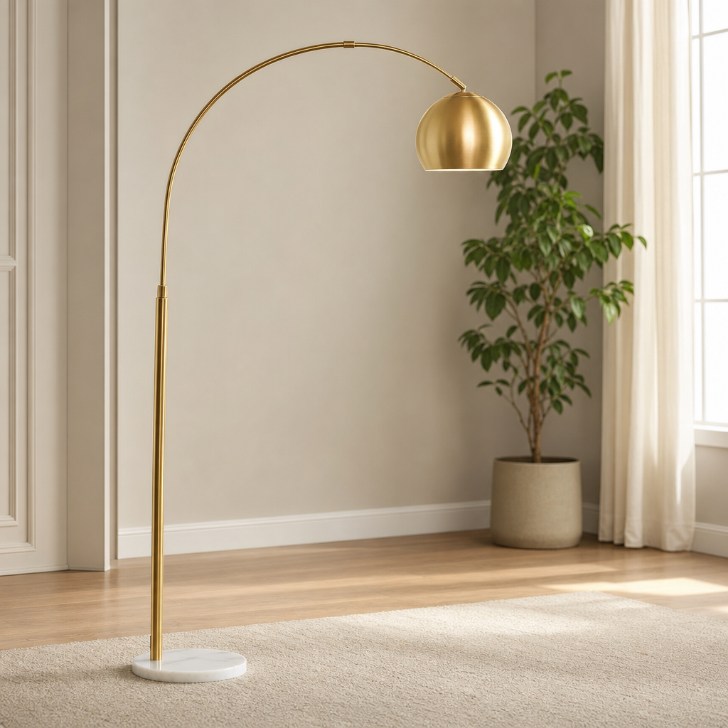 Adjustable Arc Floor Lamp, 59–69 in — Metal Arc with Marble Base, LED Included centered in a warm neutral furnished room