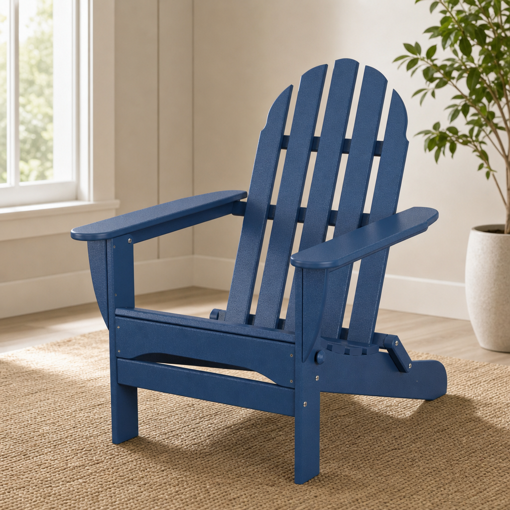 Navy blue folding Adirondack chair angled front view in an indoor room on a woven rug
