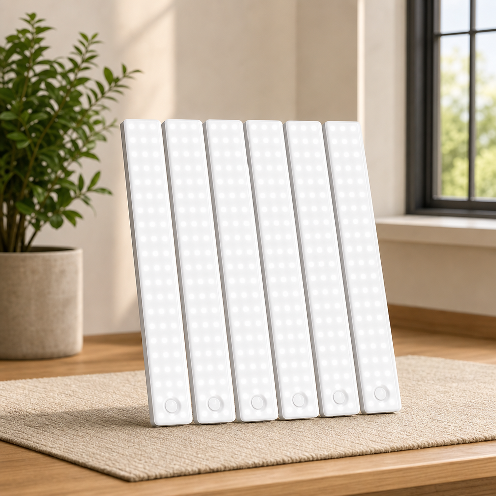 Under Cabinet LED Light — USB‑C Rechargeable, Motion Sensor, Dimmable, Multi‑Mode centered in a warm neutral furnished room