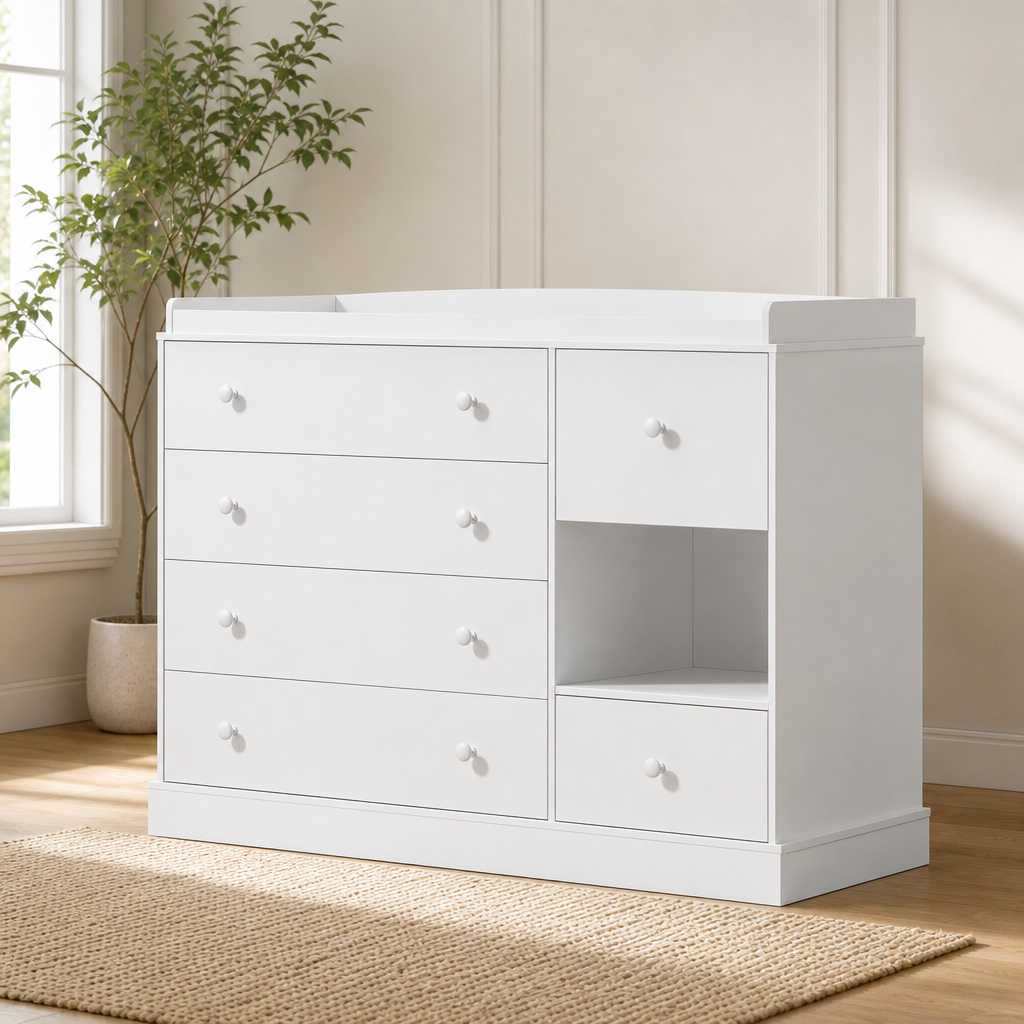 White Kids Dresser & Changing Table with 6 Drawers and Shelf centered in a warm neutral furnished room