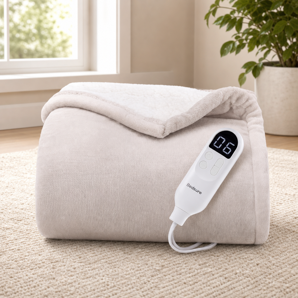 Cream throw folded with white sherpa backing rolled and controller resting on top, angled on a carpet