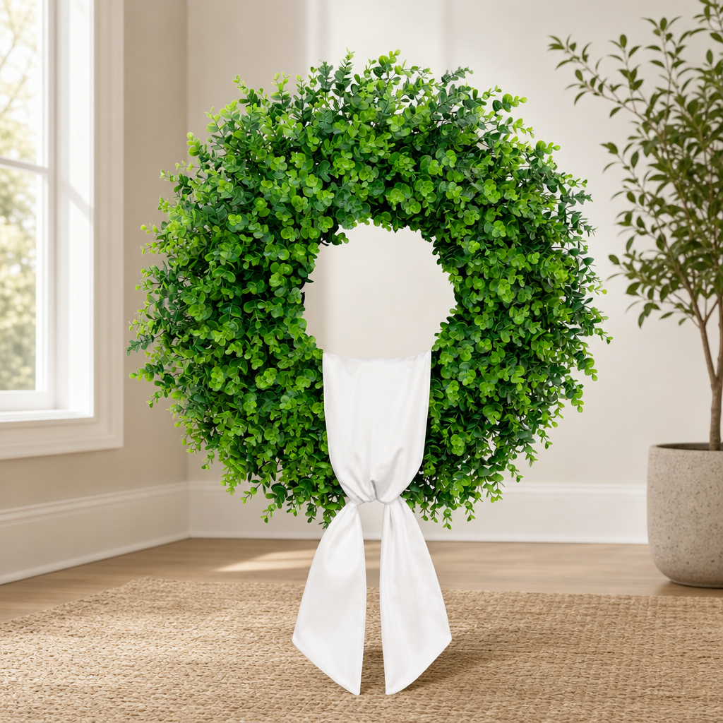 Boxwood Wreath 28in Artificial Green Door Wreath with Sash & Hook centered in a warm neutral furnished room