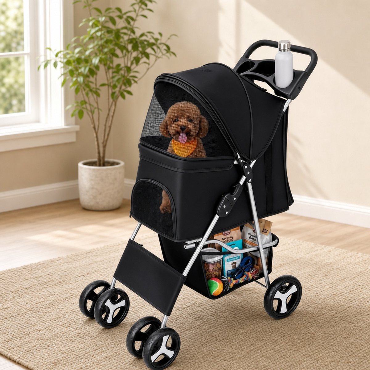 Pet Stroller — 4-Wheel with Mesh Windows, Holds up to 33 lbs, Multiple Colors centered in a warm neutral furnished room