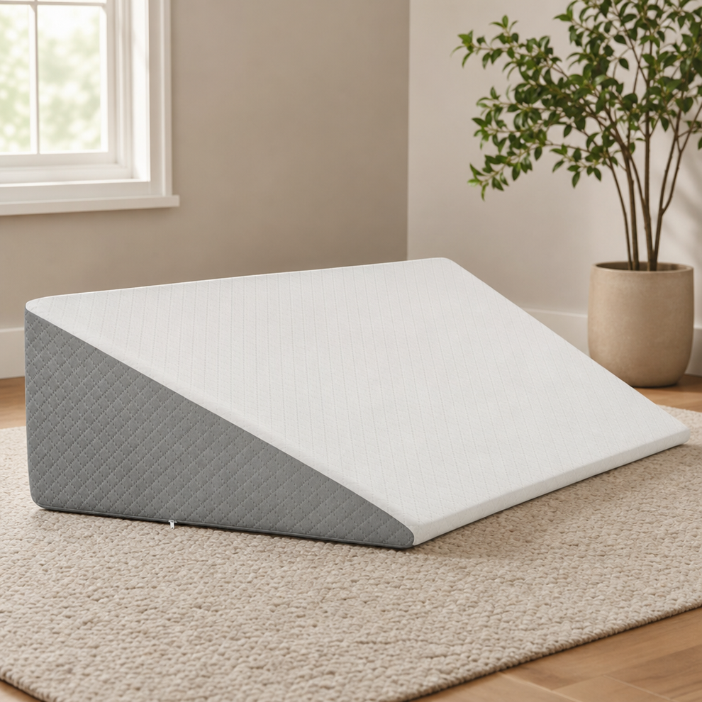 Grey-sided triangle wedge pillow with white top, angled front view on a beige rug by a window
