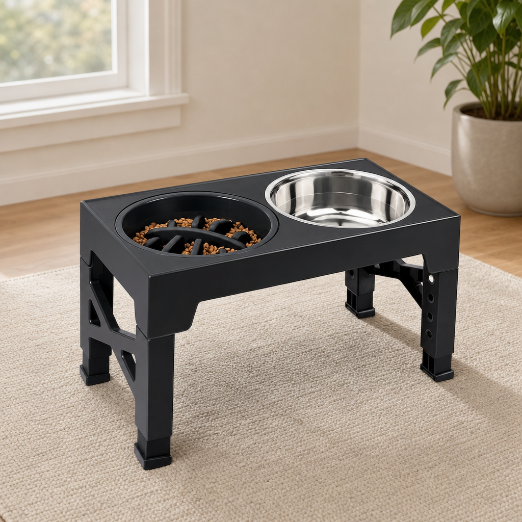 Elevated Dog Feeding Station — 5 Adjustable Heights, 2 Stainless Bowls + Slow Feed centered in a warm neutral furnished room