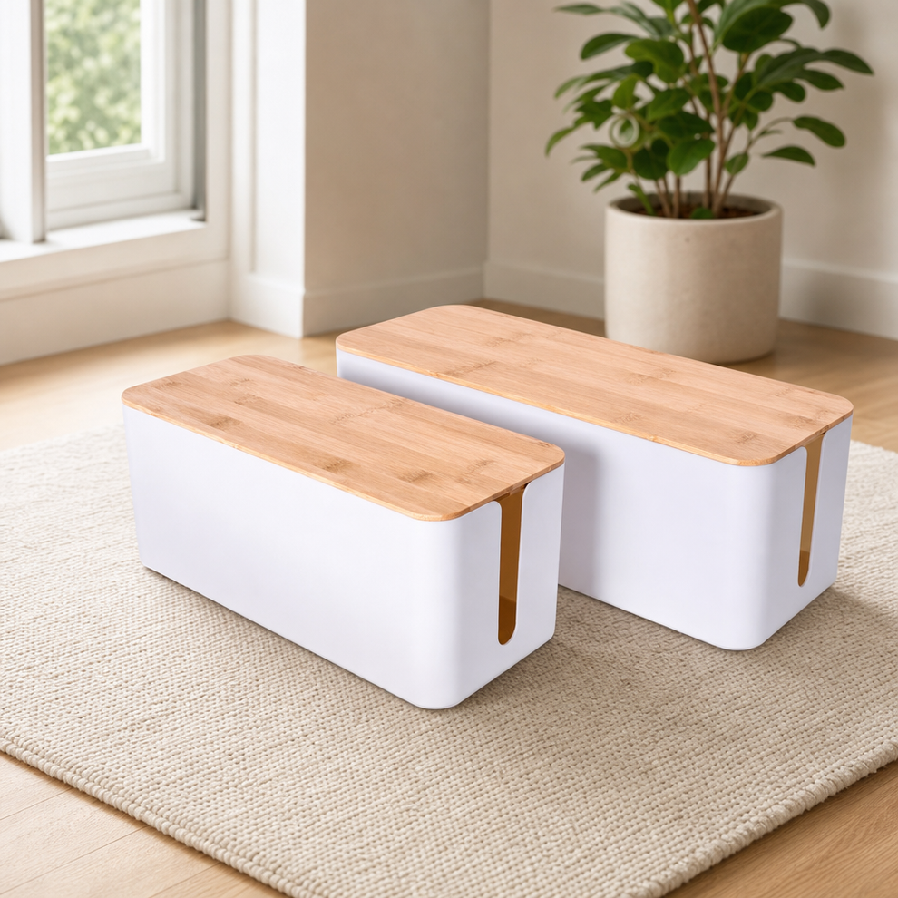 Cable Management Box with Bamboo-Style Lid — ABS Cord Organizer (White & Black) centered in a warm neutral furnished room