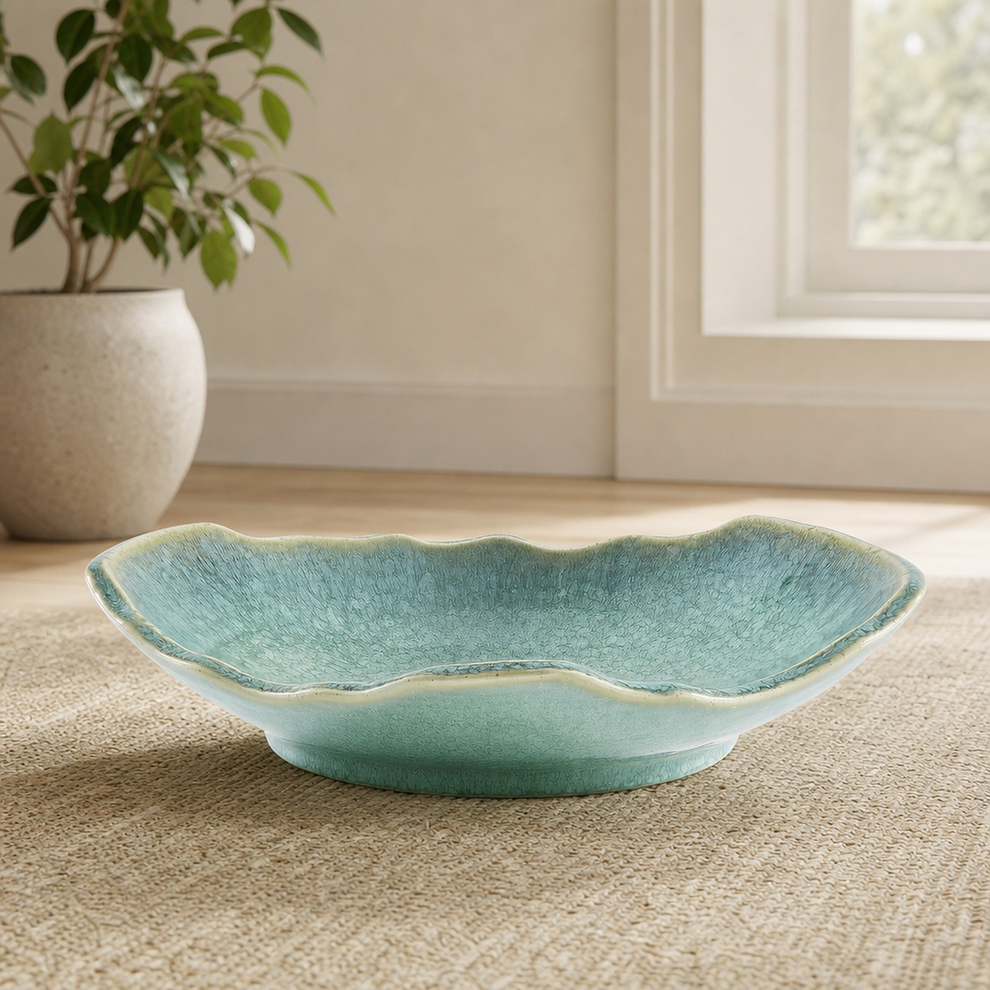 Ceramic Decorative Bowl, Emerald Green Reactive Glaze, 12.2×11.4×2.2 in centered in a warm neutral furnished room