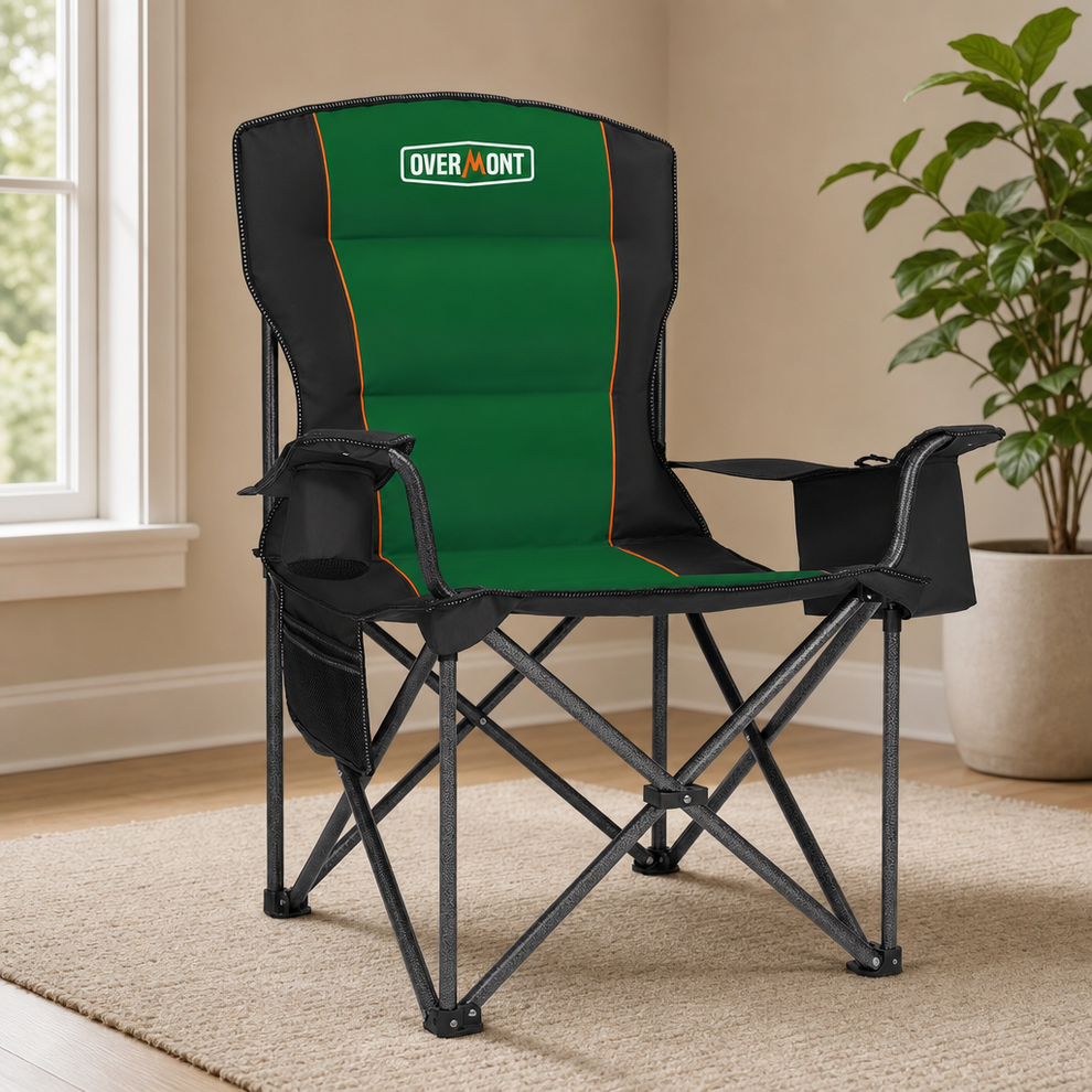 Camping Chair & Blue Loveseat Outdoor Seating centered in a warm neutral furnished room