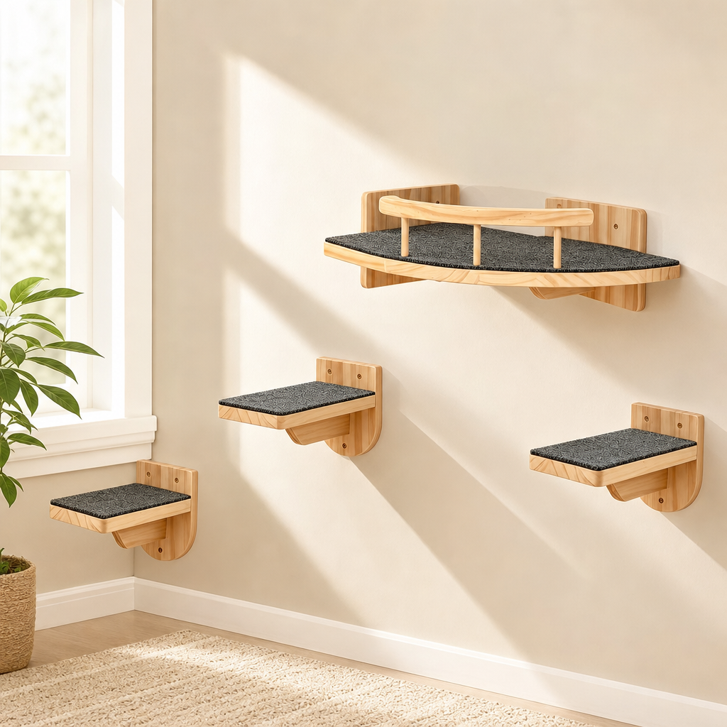 Natural wood wall-mounted cat shelves and bed platform with dark grey felt pads, angled front view in a bright living room