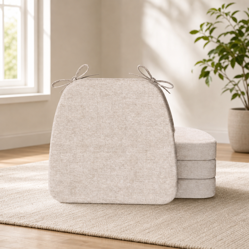 D-Shaped Dining Chair Cushions with Ties and Washable Covers, Set of 4 centered in a warm neutral furnished room