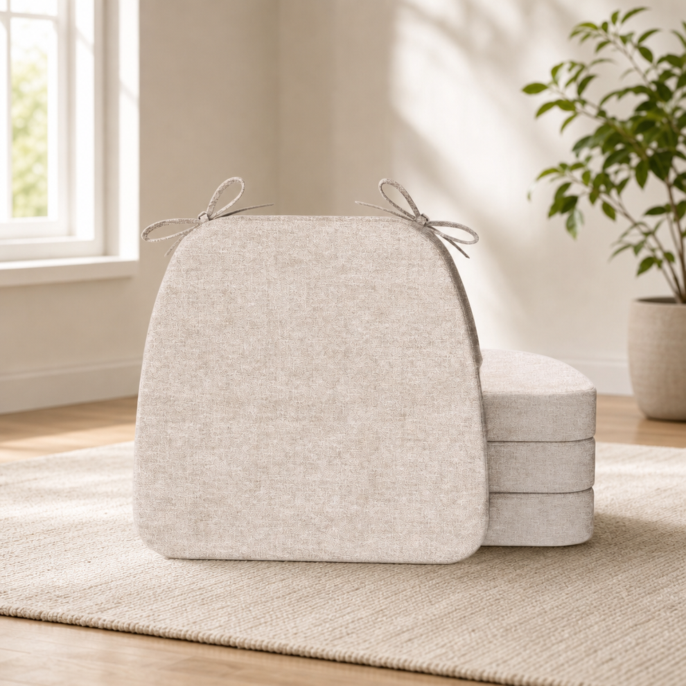 D-Shaped Dining Chair Cushions with Ties and Washable Covers, Set of 4 centered in a warm neutral furnished room