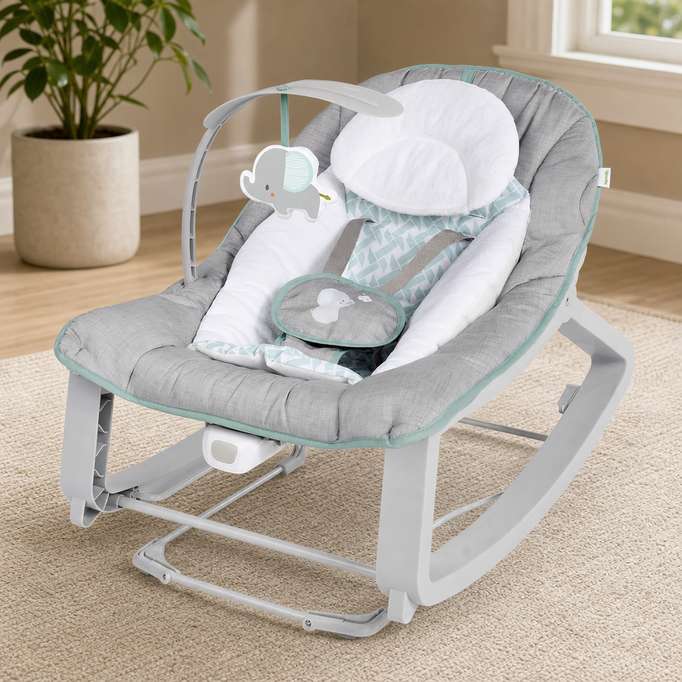 3-in-1 Baby Bouncer, Rocker & Toddler Seat — Vibrations, 2 Recline Positions, Deta centered in a warm neutral furnished room