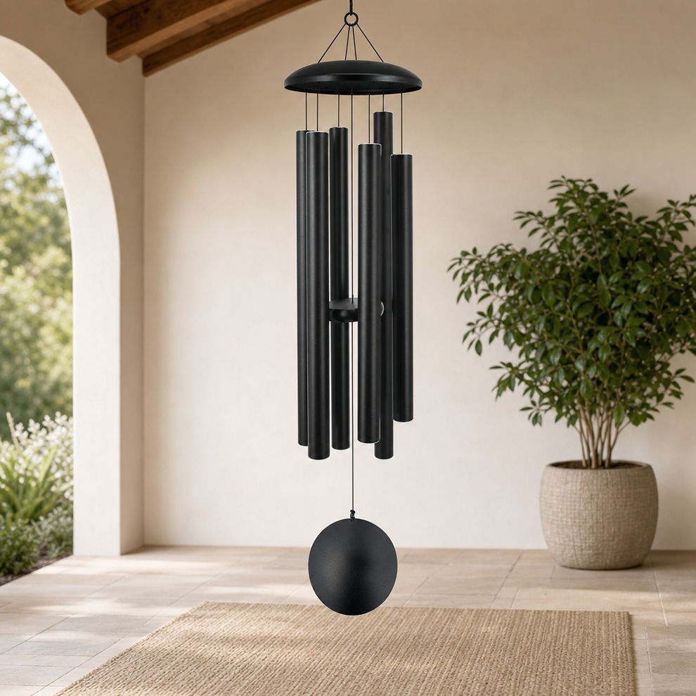Deep-Tone Outdoor Wind Chimes — Multiple Sizes & Finishes centered in a warm neutral furnished room