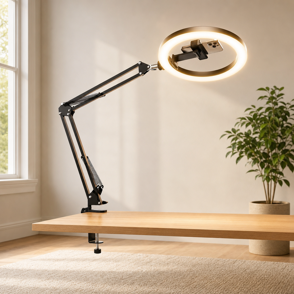 Adjustable Desk Ring Light Clamp with Overhead Phone Mount — Aluminum Alloy & ABS centered in a warm neutral furnished room