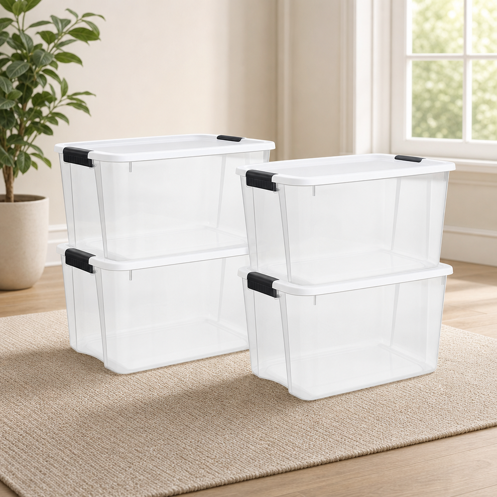 Ultra Latch Clear-Base Storage Boxes — Multi-Pack Options centered in a warm neutral furnished room