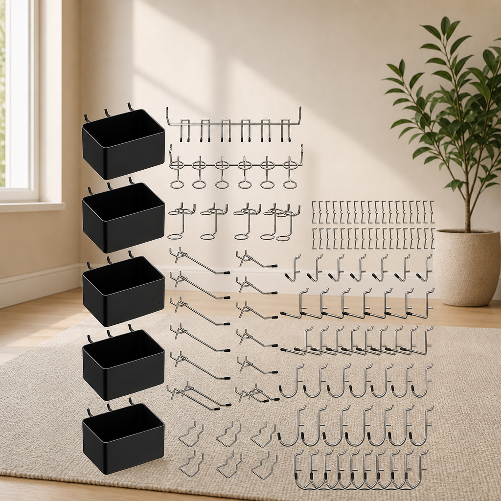 Pegboard Accessories Organizer Kit — Hooks, Bins & Peg Locks centered in a warm neutral furnished room