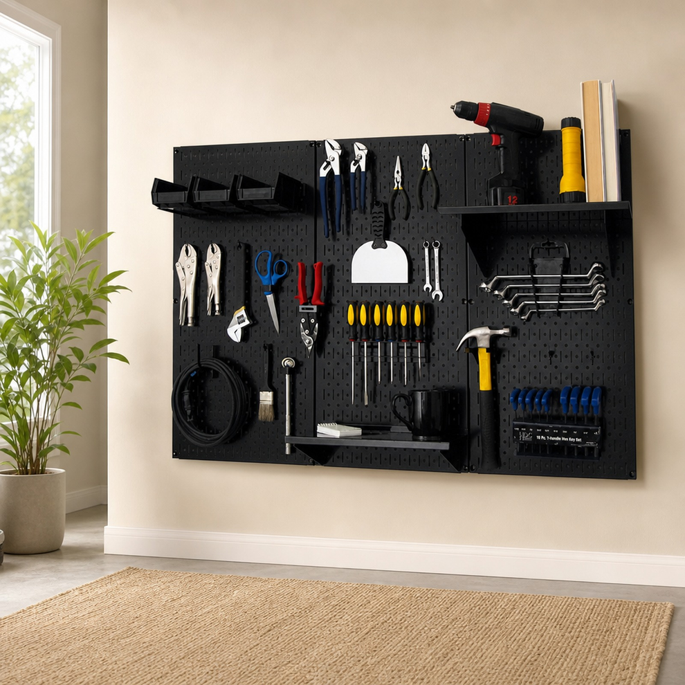 Metal Workbench Tool Storage Kit — 3 Panels 32 in. x 16 in., Includes Shelves, Bin centered in a warm neutral furnished room