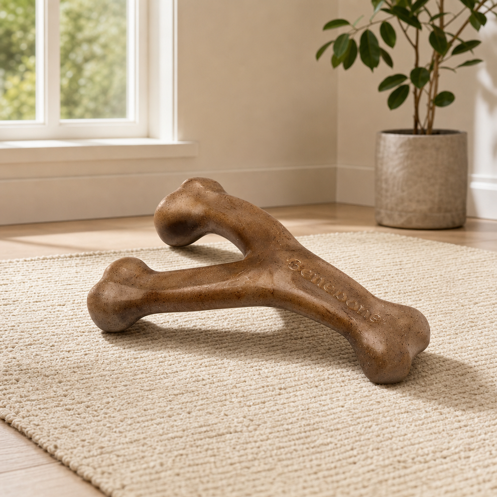 Wishbone Nylon Dog Chew Toy — Medium (Bacon, Peanut, Chicken); Large (Bacon) centered in a warm neutral furnished room
