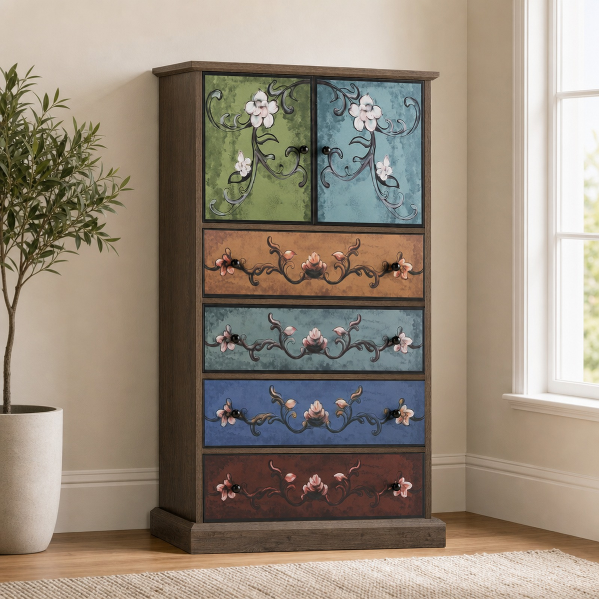 Tall boho dresser with multicolored floral drawer panels, angled front view in a living room setting