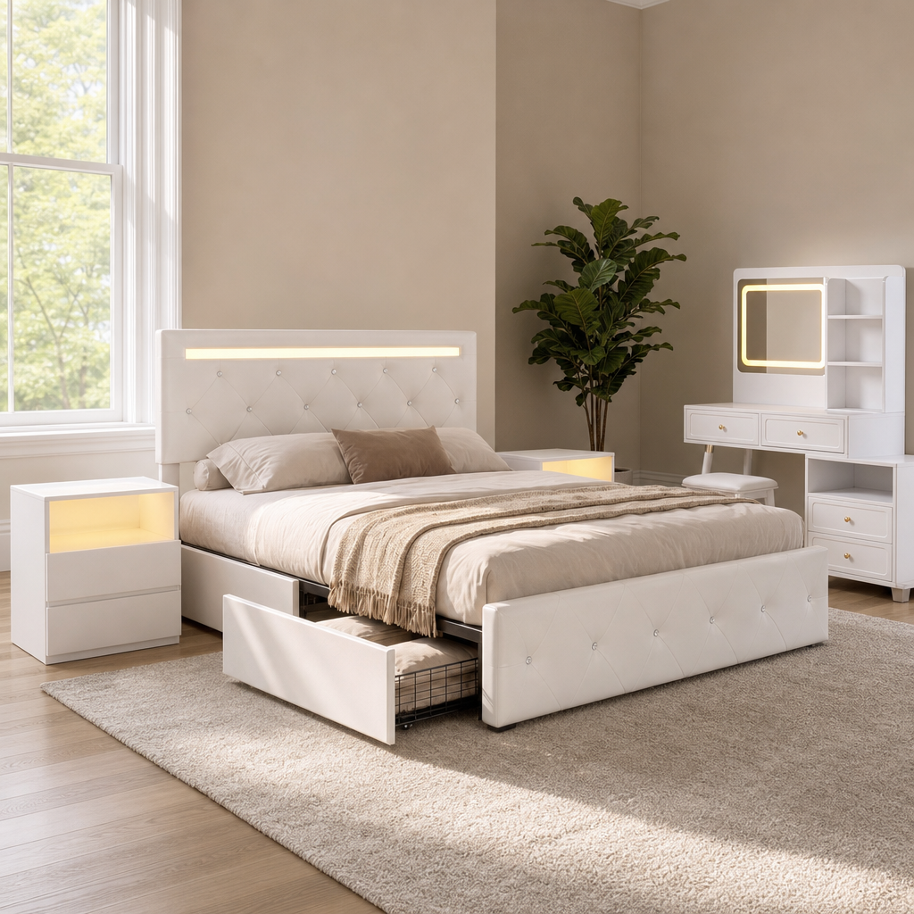 White upholstered bed with diamond-tufted headboard and LED strip, one under-bed drawer open with matching nightstands and a