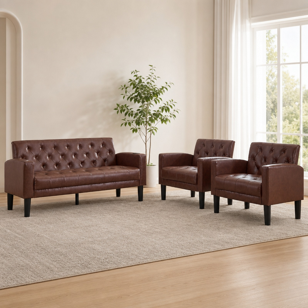 Brown tufted loveseat and two matching armchairs angled front view on a beige rug