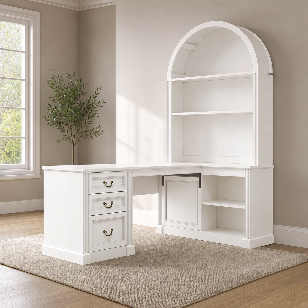 White L-shaped desk with arched hutch and drawers in a bright room