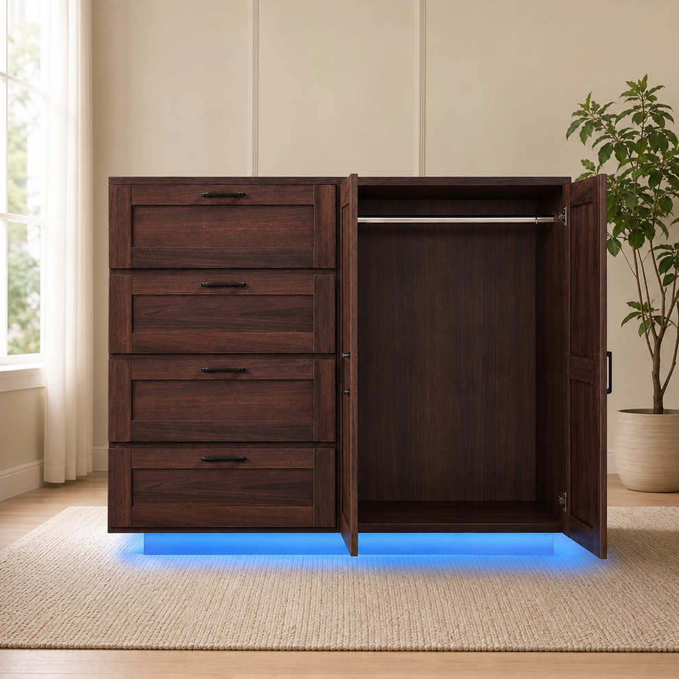 Espresso wood armoire with four stacked drawers at left and open double-door wardrobe at right with blue LED glow underneath
