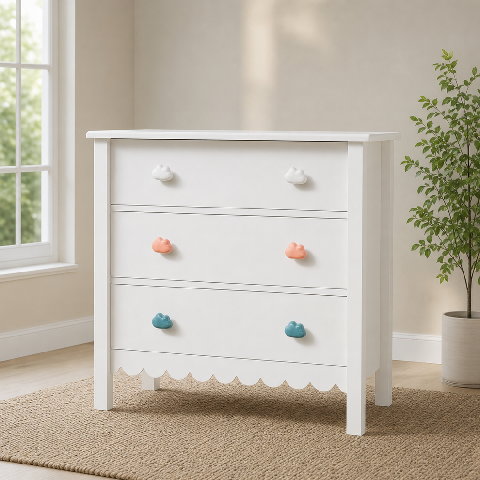 Dresser — Scalloped Chest with Curved Top Edges and Dual Handle Styles centered in a warm neutral furnished room