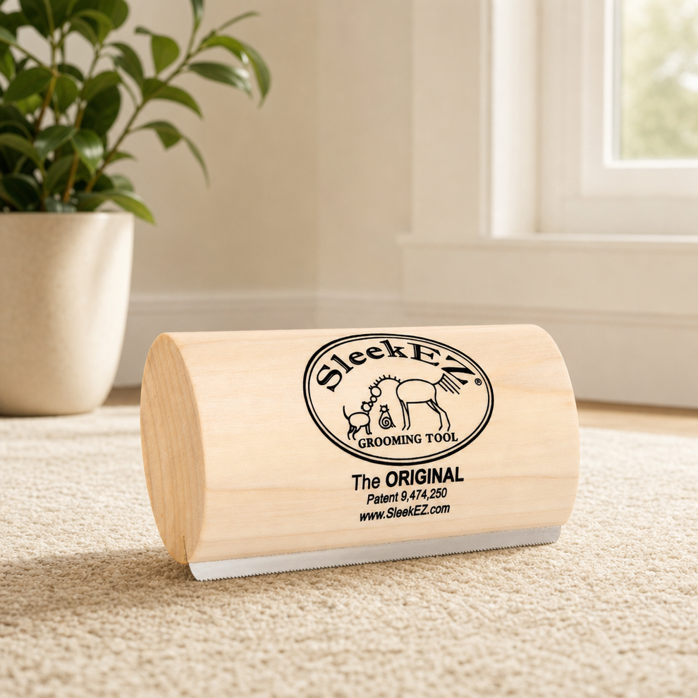 Wood-handled deshedding brush resting on a beige carpet near a potted plant and window