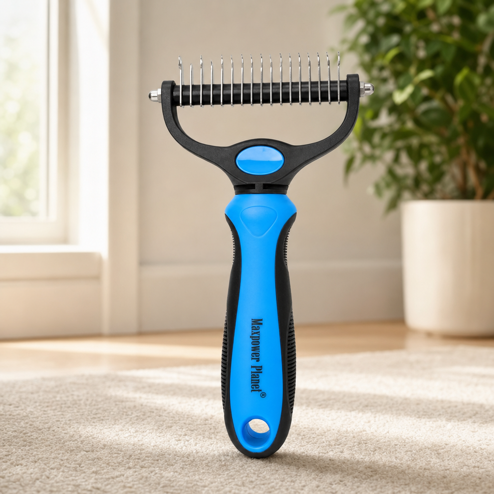 Dual-Sided Deshedding Undercoat Rake for Dogs & Cats centered in a warm neutral furnished room