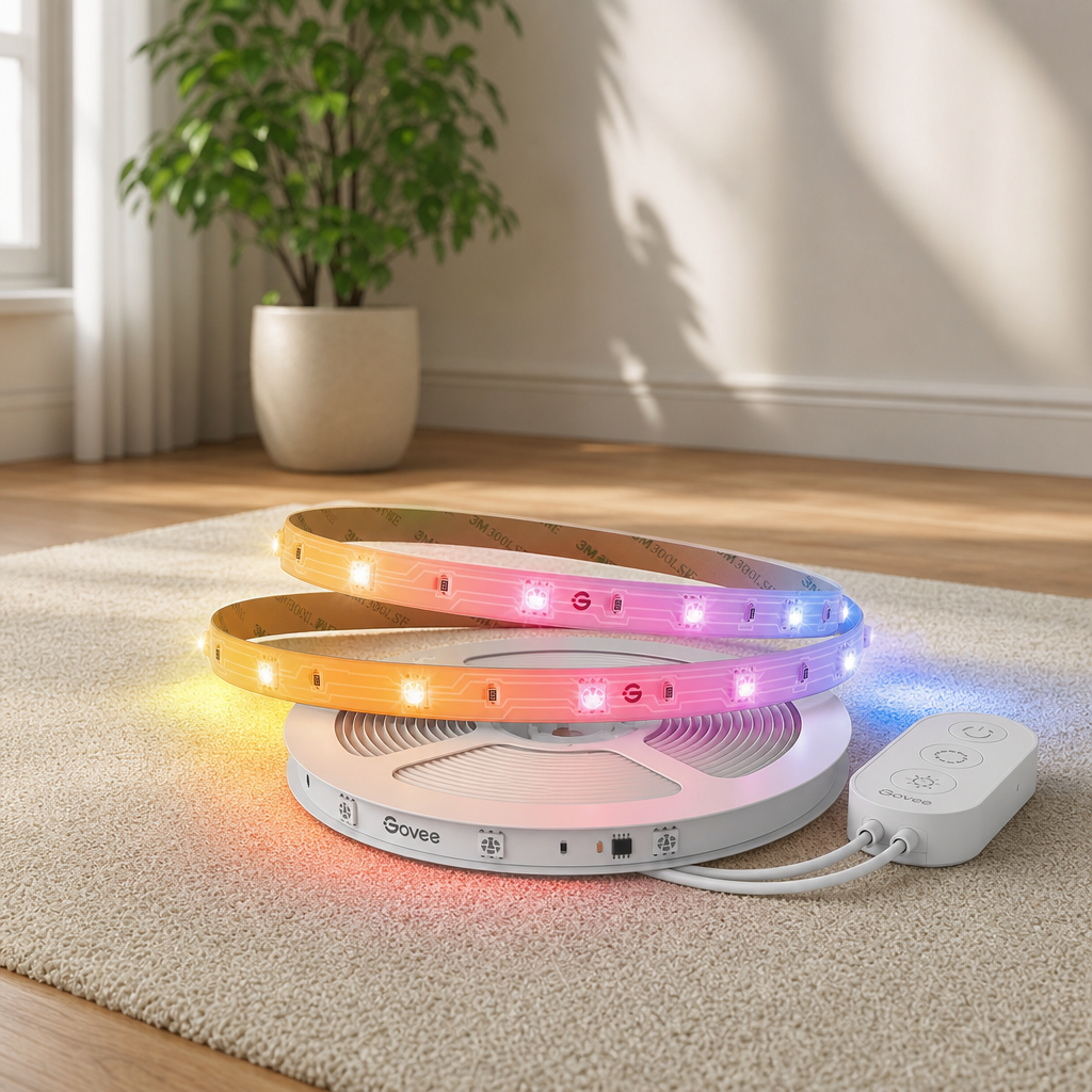White LED strip roll on carpet showing multicolor segments lit and a white inline controller at right