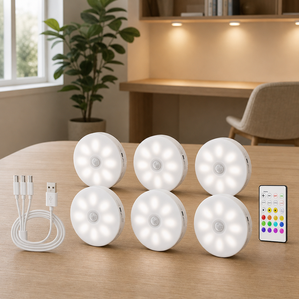 Six white round puck lights lit on a wood table with remote and USB charging cable, kitchen backdrop