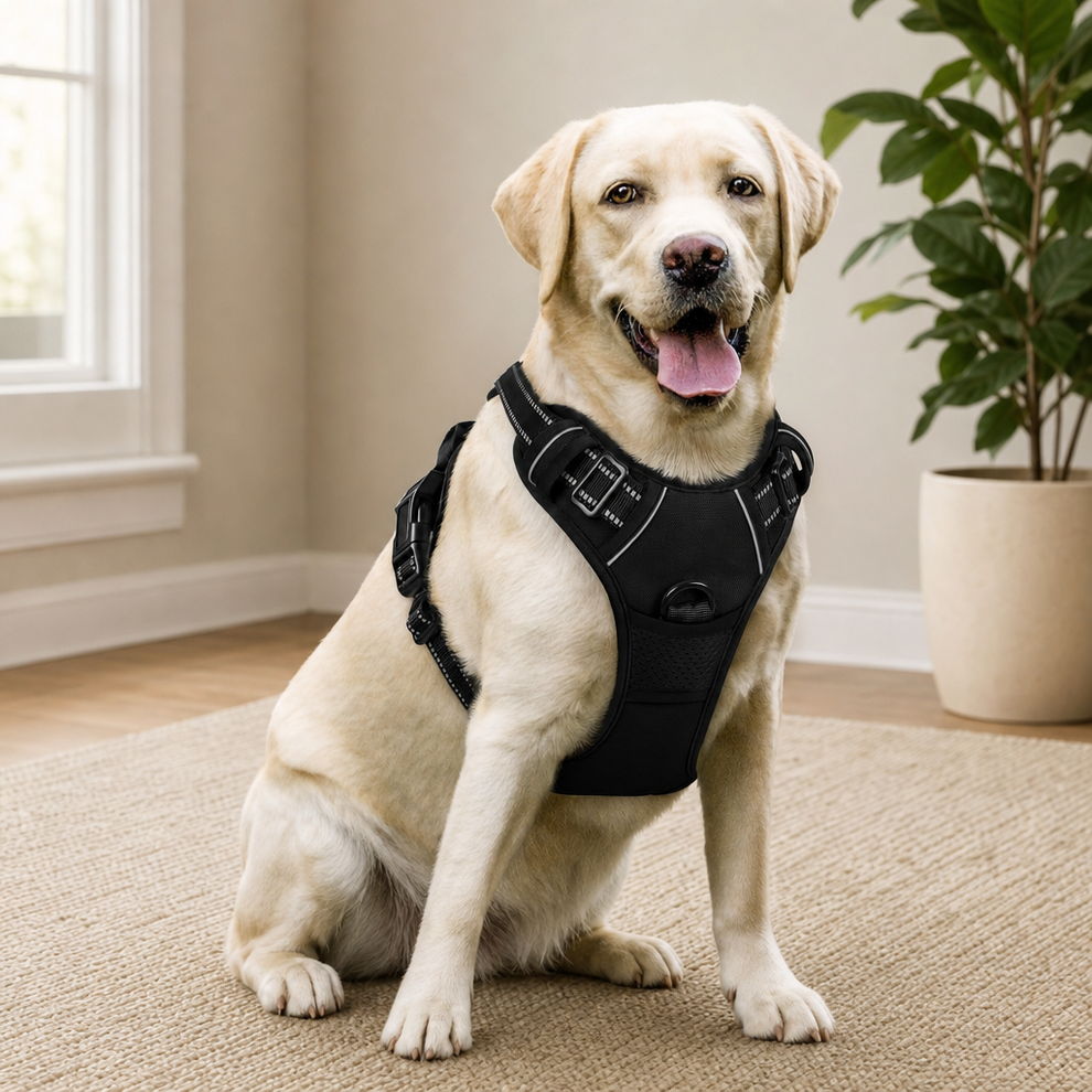 Yellow Labrador wearing black padded no-pull harness, angled front view in a bright room