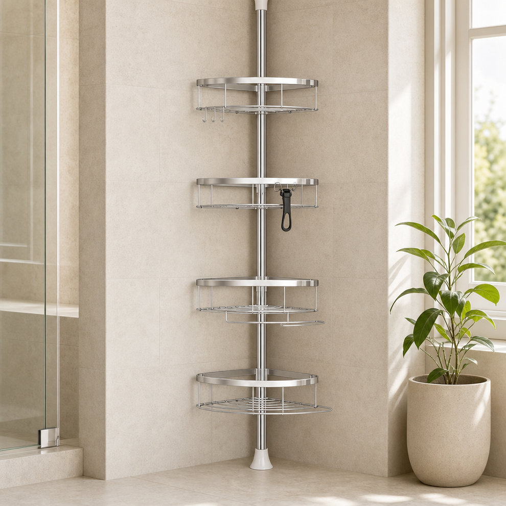 Chrome-finish corner tension-pole shower caddy with four rounded wire shelves mounted in a tiled corner, full-height view