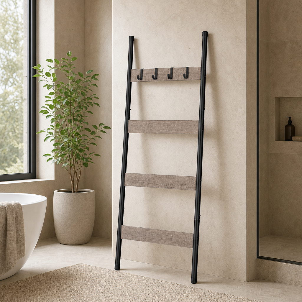 Black metal-framed leaning towel ladder with light wood slats staged beside a bathtub in a neutral bathroom