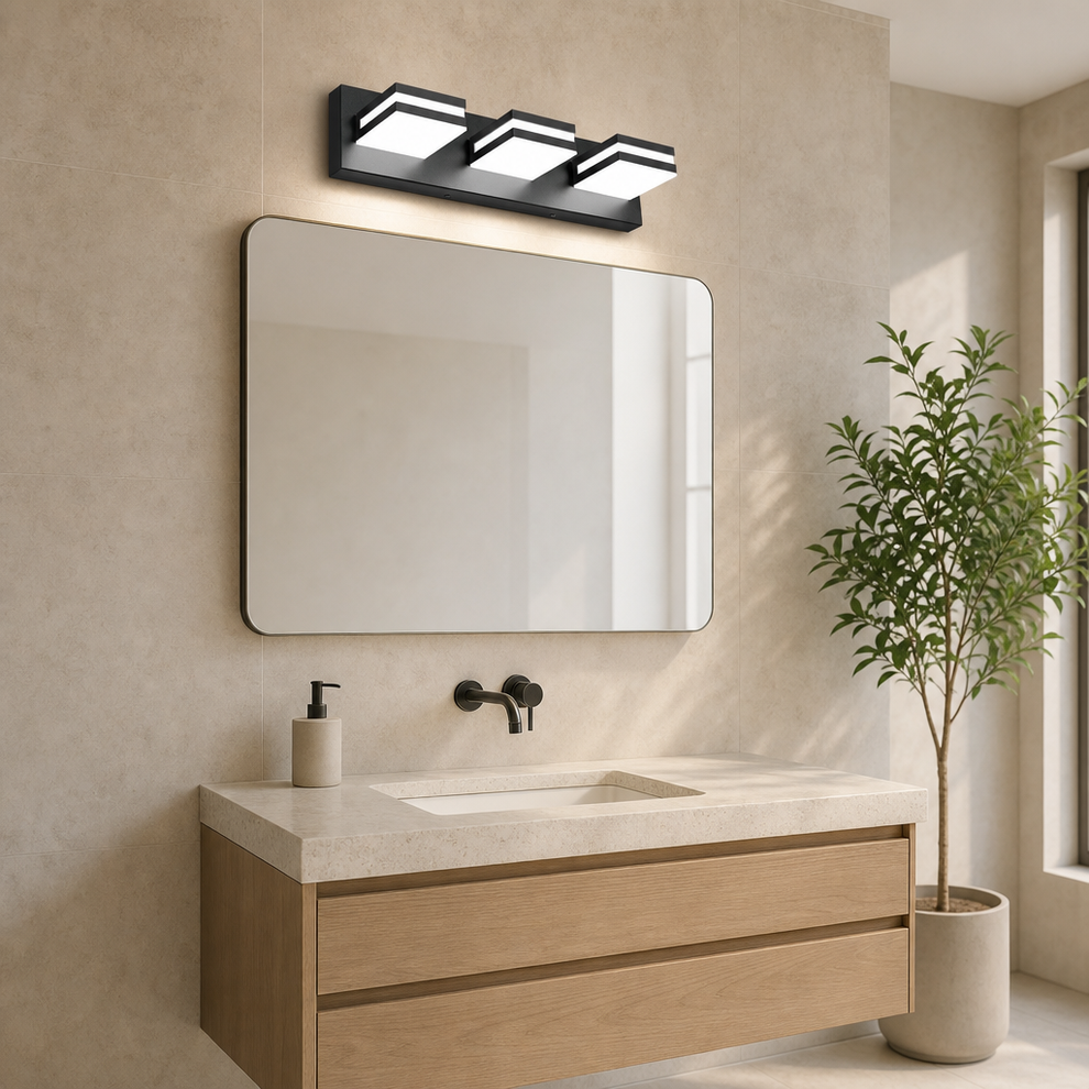 Dimmable LED Bathroom Vanity Wall Light centered in a warm neutral furnished room