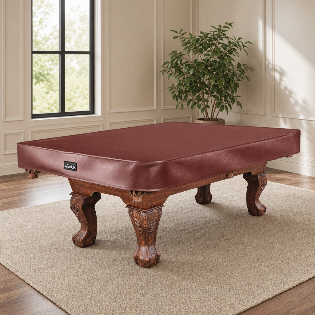 Pool Table Cover, Heavy Duty Leatherette Billiard Table Cover centered in a warm neutral furnished room