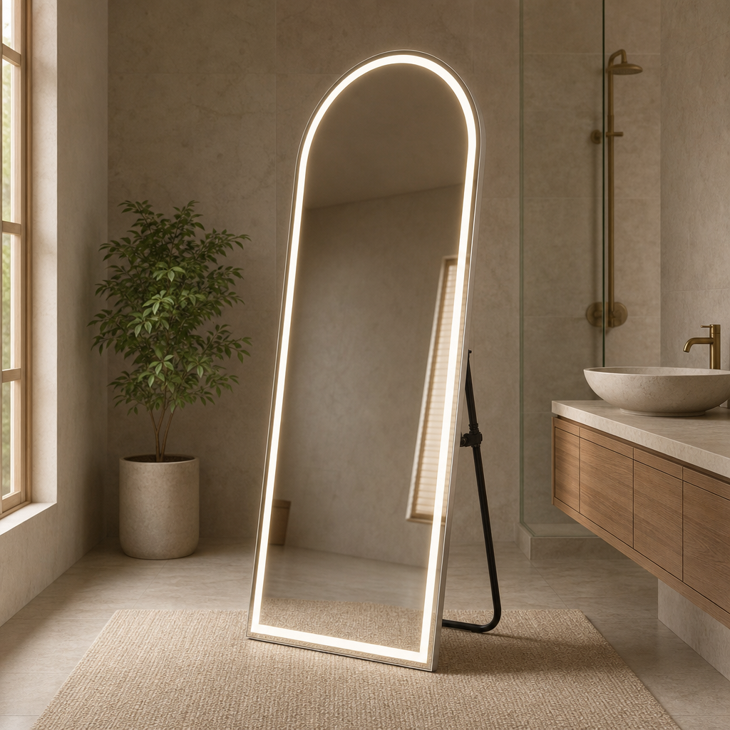 Aluminum-Framed LED Full-Length Floor Mirror with Dimmable Color Settings centered in a warm neutral furnished room