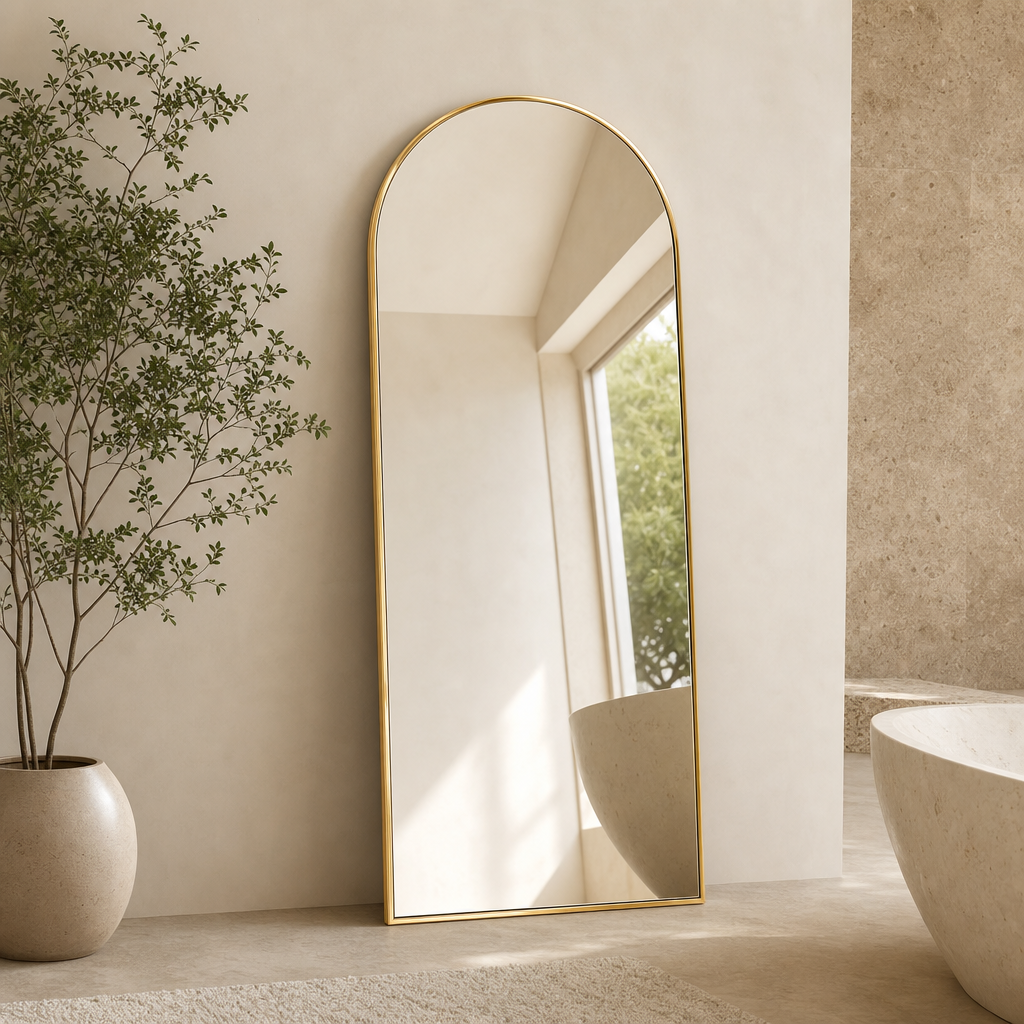 Gold Arched Full-Length Floor Mirror with Stand centered in a warm neutral furnished room