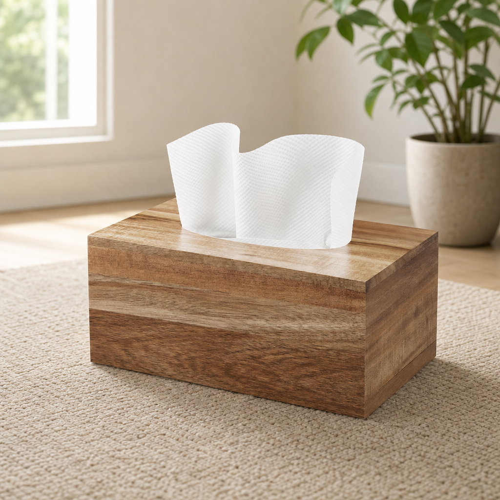 Acacia-finish rectangular tissue box cover on a beige rug with tissues pulled up, angled front view