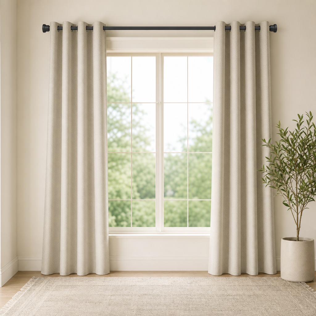 Black tension curtain rod mounted above a large window with beige curtains, straight frontal view.