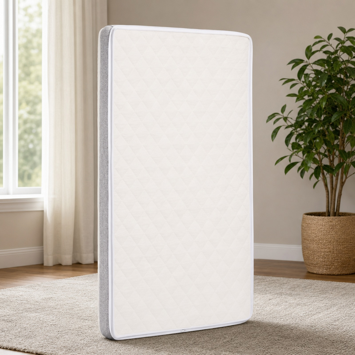Graco Ultra 2-in-1 Premium Dual Sided Baby Crib & Toddler Mattress centered in a warm neutral furnished room