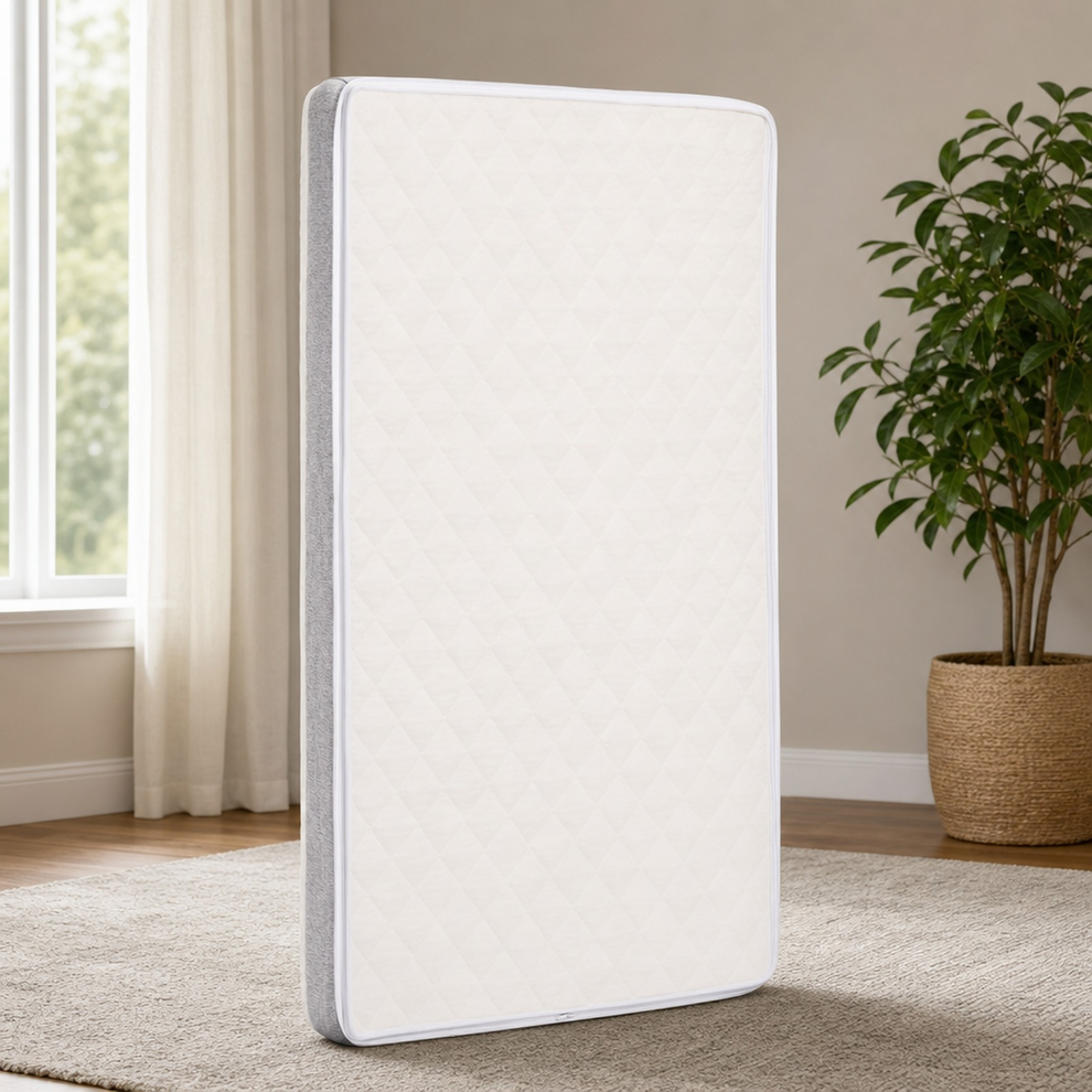 Graco Ultra 2-in-1 Premium Dual Sided Baby Crib & Toddler Mattress centered in a warm neutral furnished room