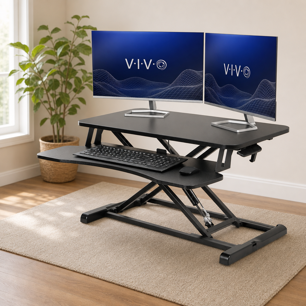 Standing Desk Converter with Pneumatic Lift — Multiple Sizes & Finishes centered in a warm neutral furnished room