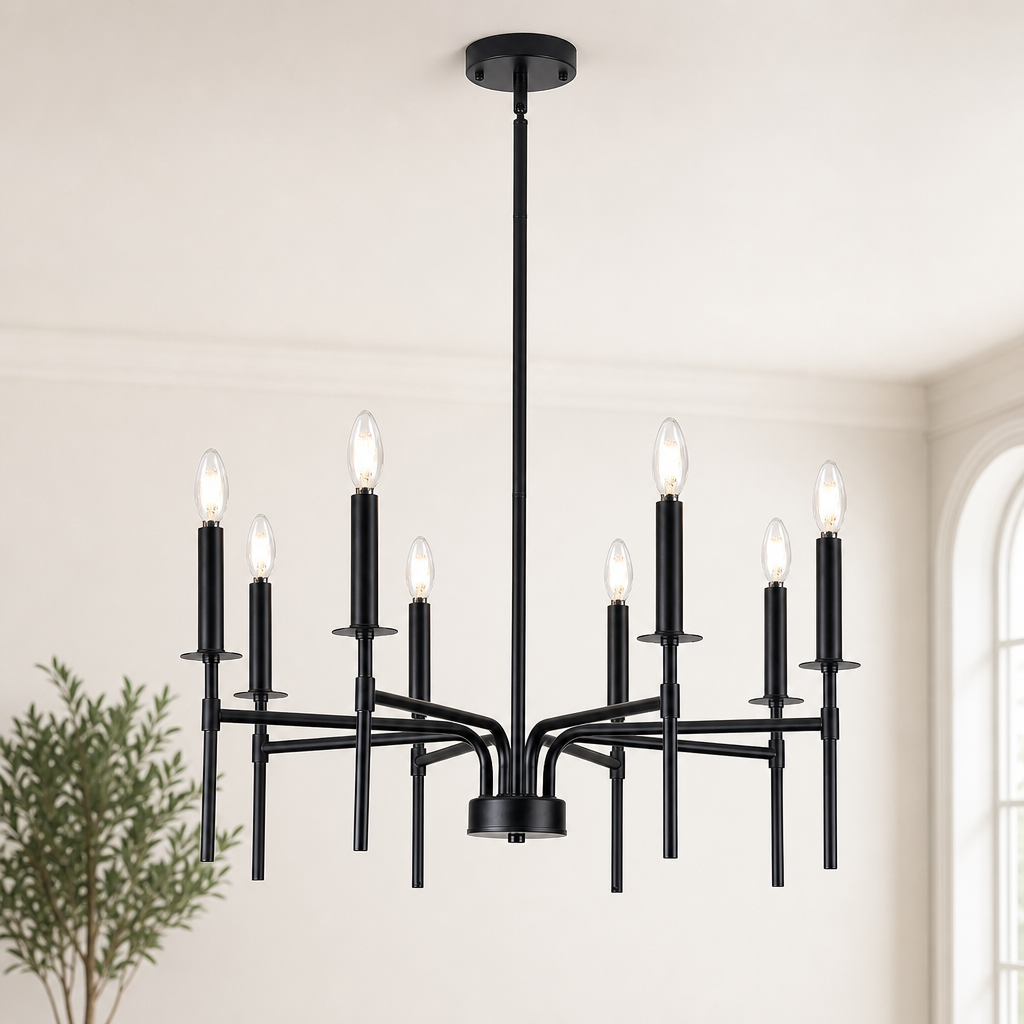 Black metal 8-light chandelier front view showing candle-style bulbs and square-frame arms against a neutral wall.