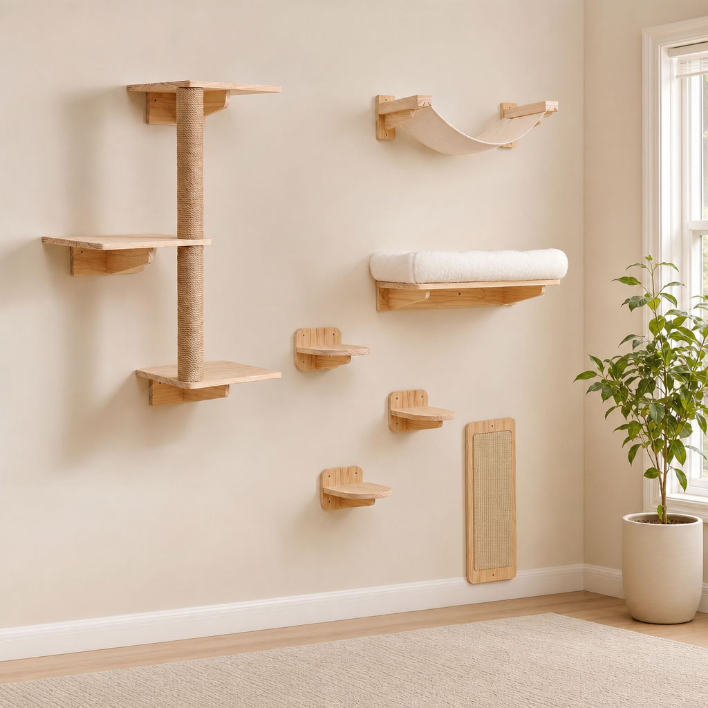 Light wood wall-mounted cat shelves with hammock and vertical sisal post, staged in a bright living room